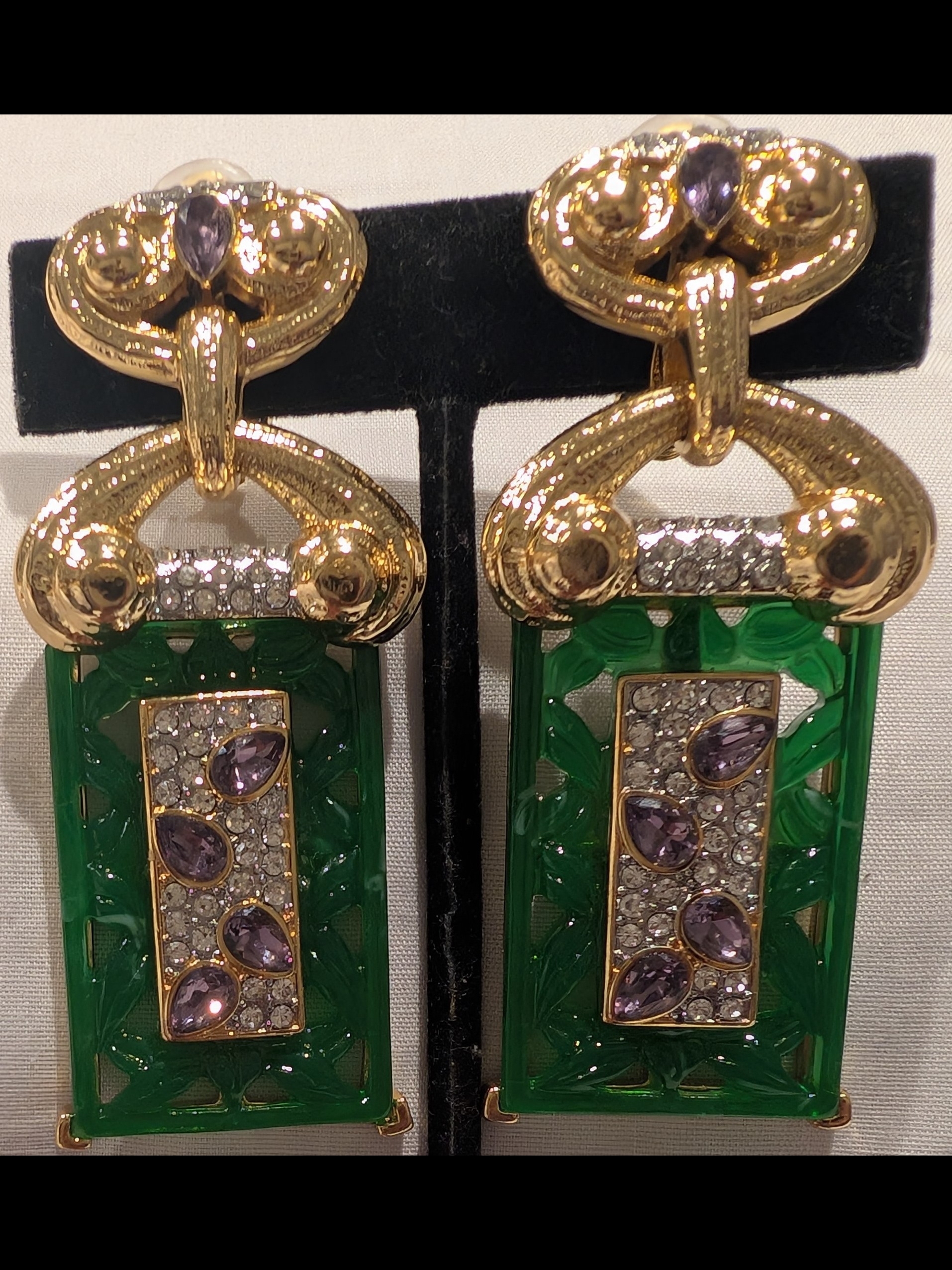 Catwalk Jon Gold-Tone Green Resin Drop Earrings With Purple Crystal Accents